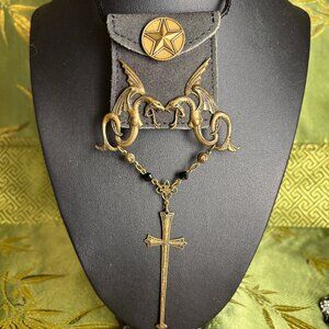 Goth jewelry: pouch necklace w dragons, dagger cross; rhinestone skull rosary